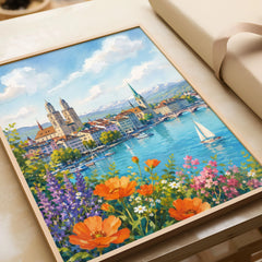 Zurich Grossmünster and the Limmat watercolour art print in a natural wood frame, gift close-up