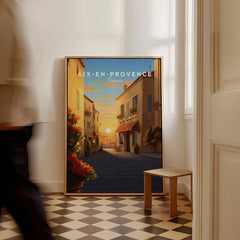 Aix-en-Provence Poster as a framed canvas leaning in a hallway with a chequered tiled floor