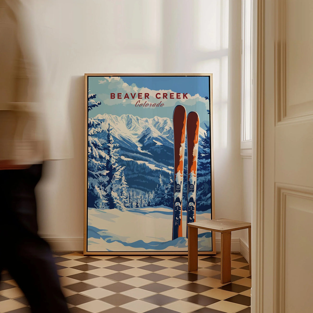 Beaver Creek Colorado Ski Poster - Rocky Mountain Winter Art Print as a framed canvas leaning in a hallway with a chequered tiled floor