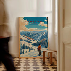 Beaver Creek Colorado Mountain View Ski Print - Scenic Slope Wall Art as a framed canvas leaning in a hallway with a chequered tiled floor