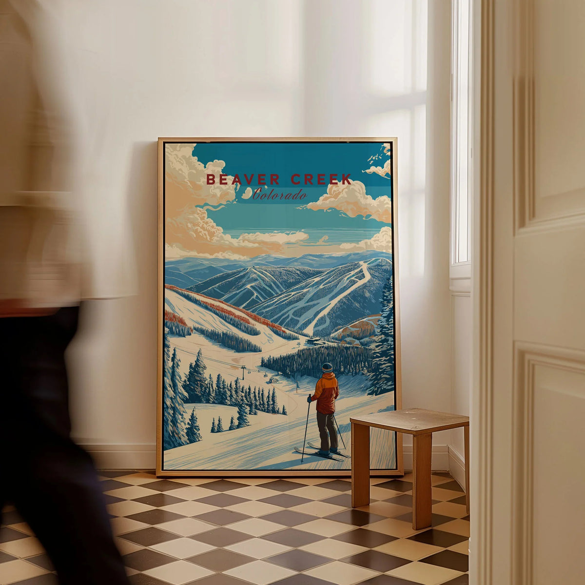 Beaver Creek Colorado Mountain View Ski Print - Scenic Slope Wall Art as a framed canvas leaning in a hallway with a chequered tiled floor