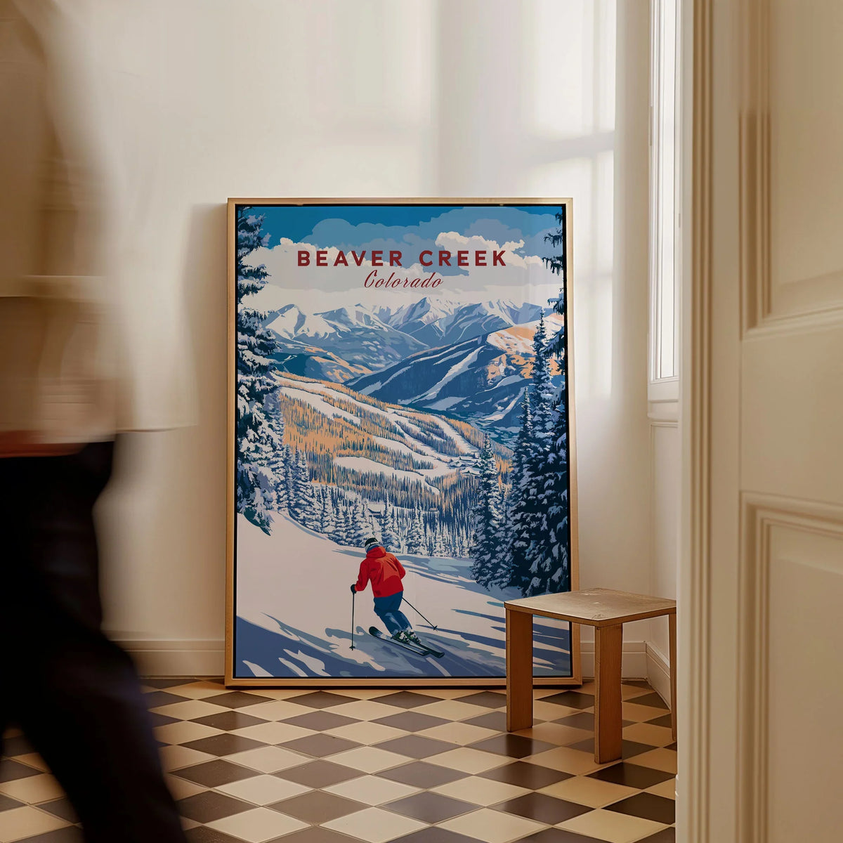 Beaver Creek Colorado Downhill Skier Poster - Winter Sports Wall Art as a framed canvas leaning in a hallway with a chequered tiled floor