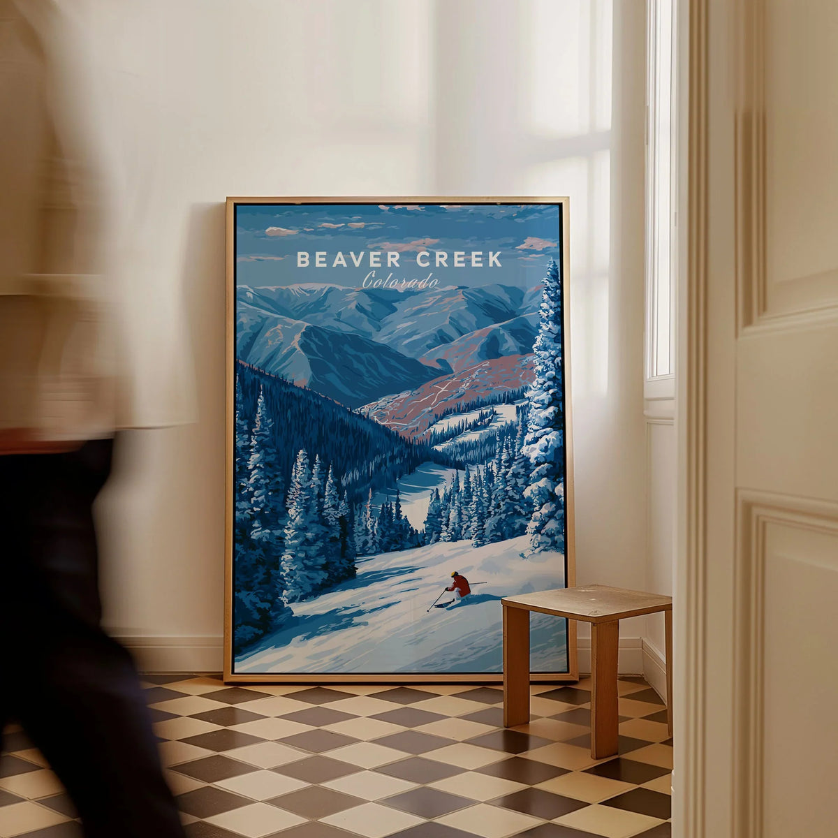 Beaver Creek Colorado Solo Skier Wall Art - Mountain Adventure Print as a framed canvas leaning in a hallway with a chequered tiled floor