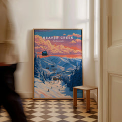 Beaver Creek Colorado Ski Lift Sunset Print - Mountain Gondola Wall Art as a framed canvas leaning in a hallway with a chequered tiled floor