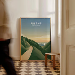 Big Sur State Park Art as a framed canvas leaning in a hallway with a chequered tiled floor