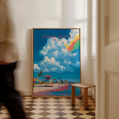 Cocoa Beach Lifeguard Stand Print - Florida Beach Wall Art as a framed canvas leaning in a hallway with a chequered tiled floor