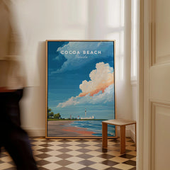 Cocoa Beach Florida Rocket Launch Print - Space Coast Wall Art as a framed canvas leaning in a hallway with a chequered tiled floor