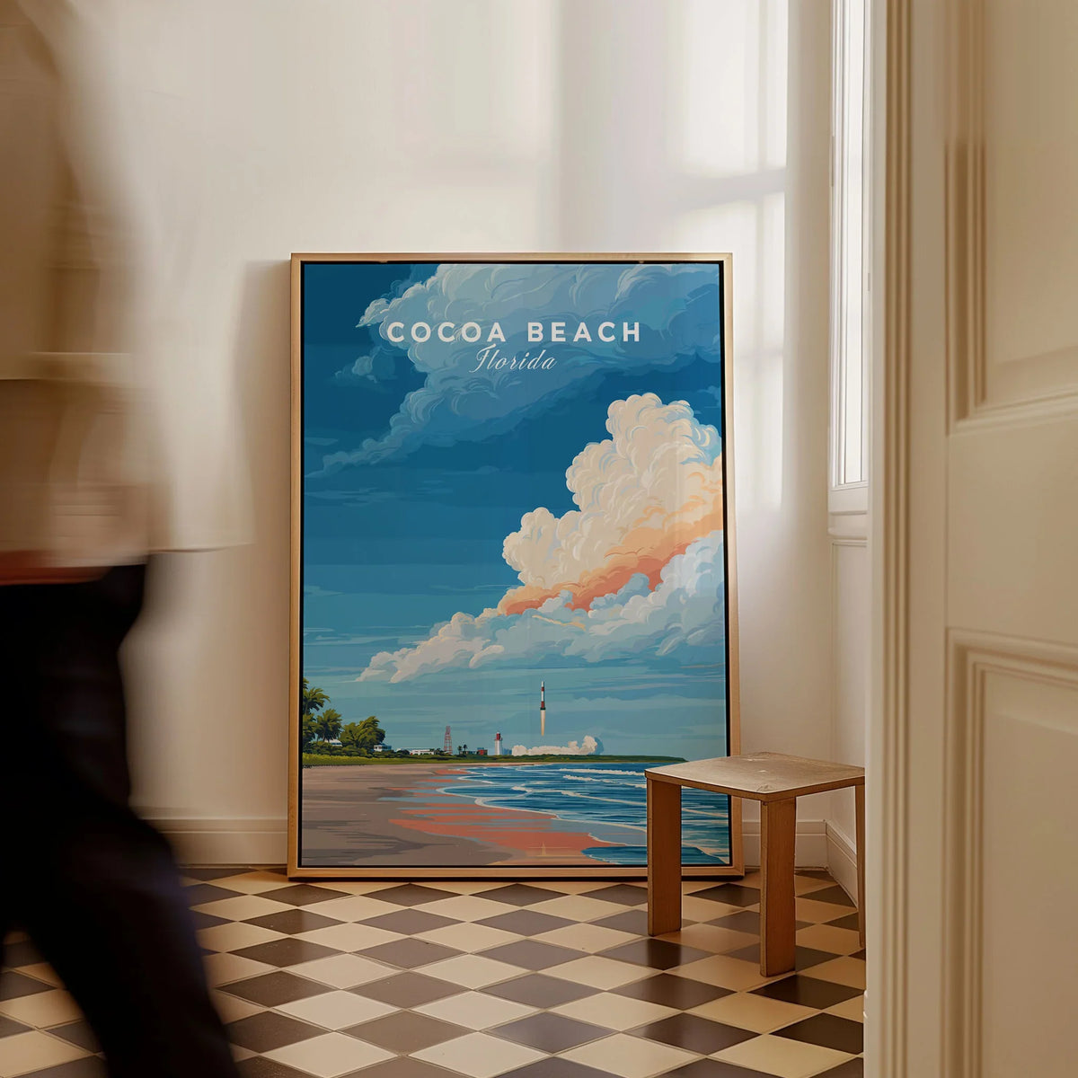 Cocoa Beach Florida Rocket Launch Print - Space Coast Wall Art as a framed canvas leaning in a hallway with a chequered tiled floor