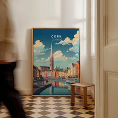 Cork City Ireland Print as a framed canvas leaning in a hallway with a chequered tiled floor