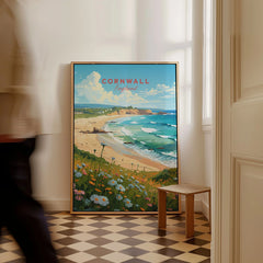Cornwall Art Print as a framed canvas leaning in a hallway with a chequered tiled floor