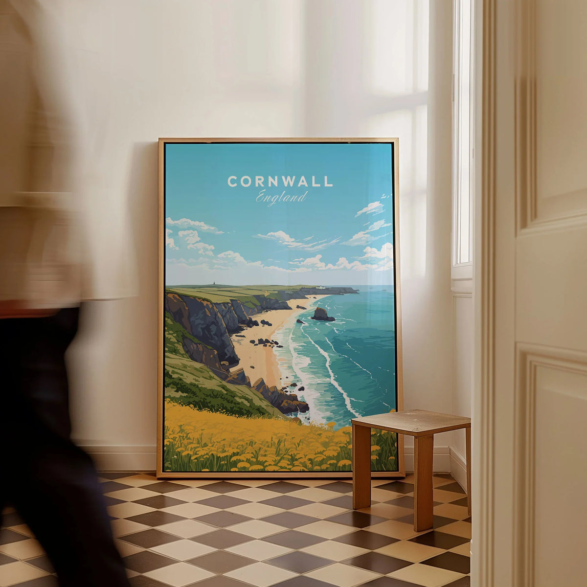 Cornwall Poster as a framed canvas leaning in a hallway with a chequered tiled floor