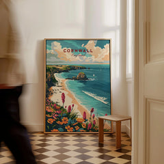 Cornwall Wall Art Print - United Kingdom Travel Poster as a framed canvas leaning in a hallway with a chequered tiled floor