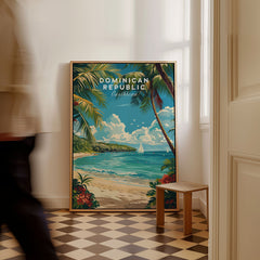 Dominican Republic Travel Print as a framed canvas leaning in a hallway with a chequered tiled floor