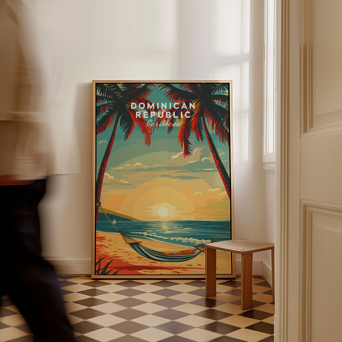 Dominican Republic Travel Poster as a framed canvas leaning in a hallway with a chequered tiled floor