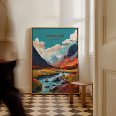 Glencoe Poster Print as a framed canvas leaning in a hallway with a chequered tiled floor