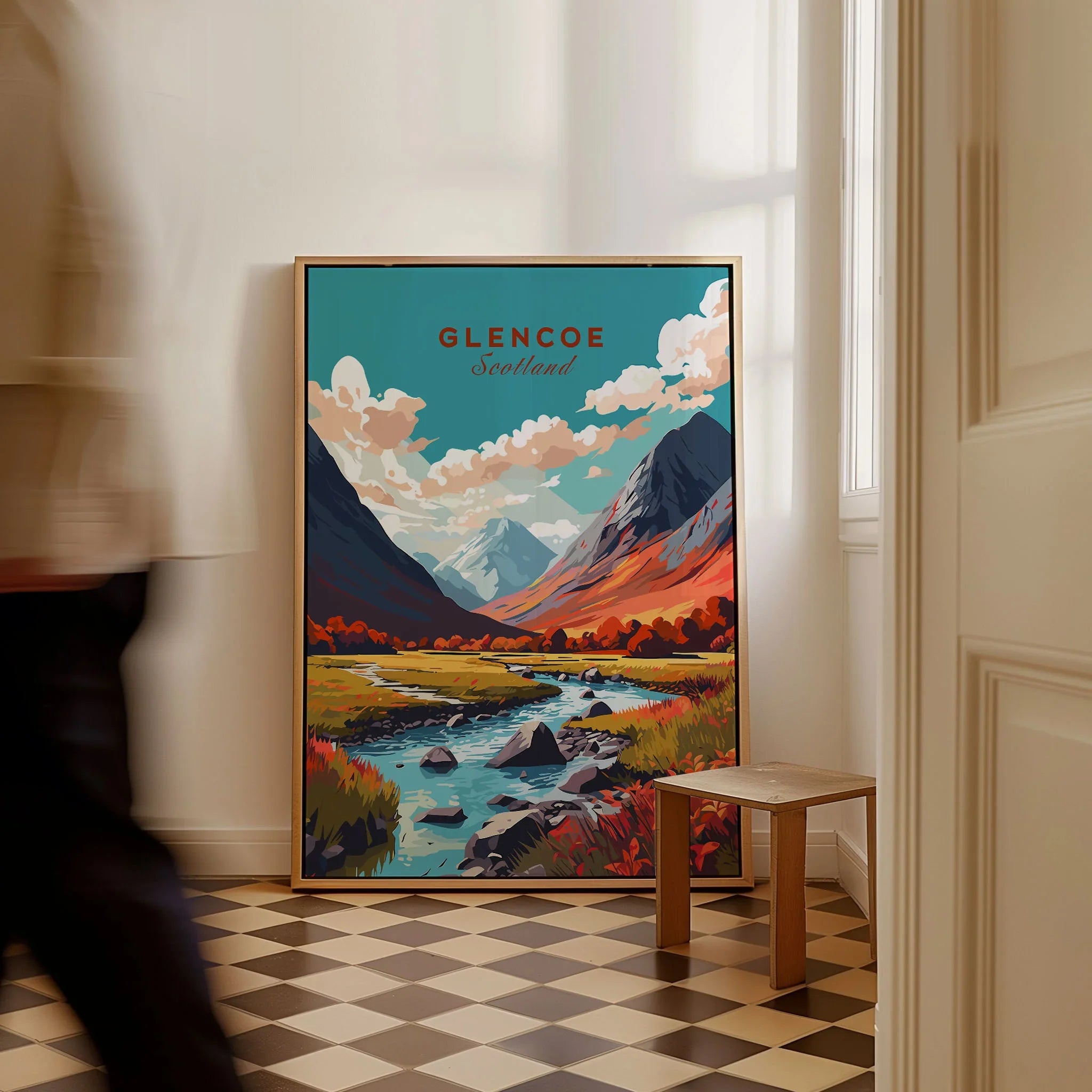 Glencoe Poster Print as a framed canvas leaning in a hallway with a chequered tiled floor