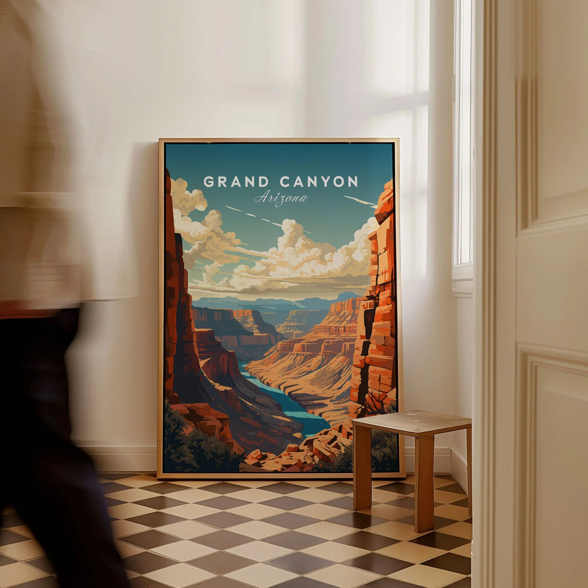 Grand Canyon Poster as a framed canvas leaning in a hallway with a chequered tiled floor