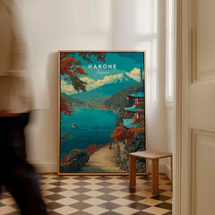 Hakone Print Japan Lake View Pagoda - Mount Fuji Scenic Poster as a framed canvas leaning in a hallway with a chequered tiled floor