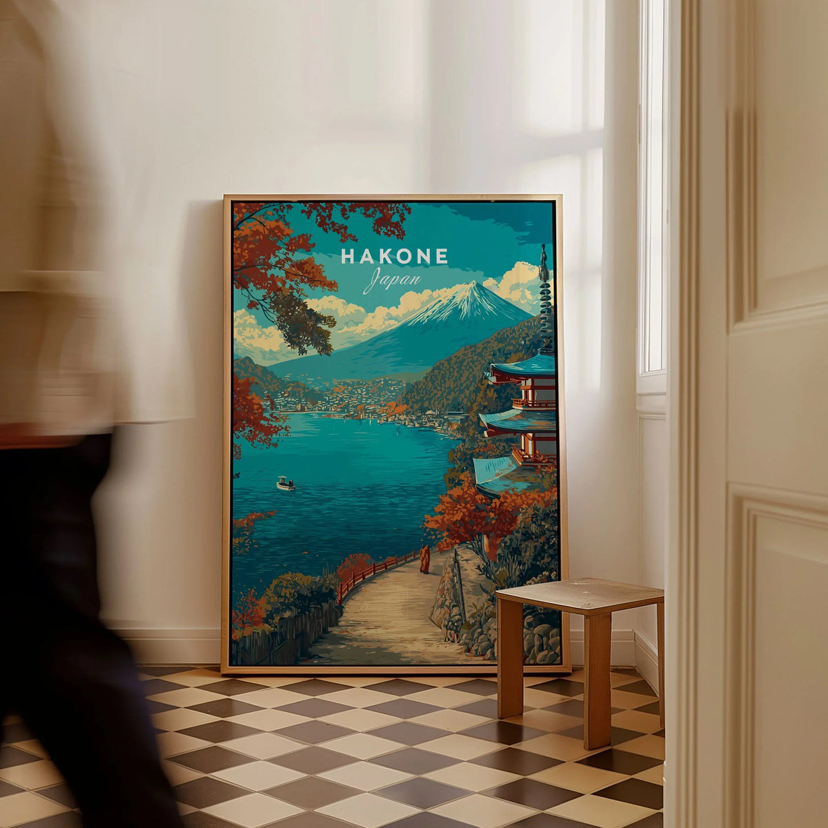 Hakone Print Japan Lake View Pagoda - Mount Fuji Scenic Poster as a framed canvas leaning in a hallway with a chequered tiled floor