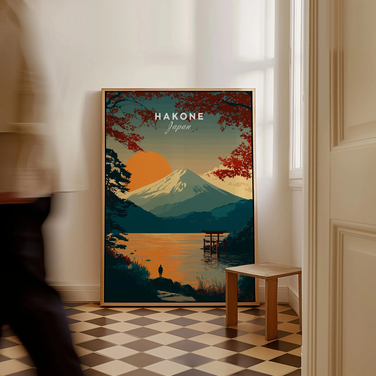 Hakone Japan Torii Gate Sunset Poster - Mount Fuji Lake Scene Print as a framed canvas leaning in a hallway with a chequered tiled floor