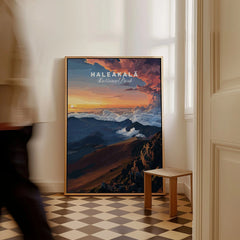 Haleakalā Sunset Poster, Maui Hawaii Wall Art, National Park Travel Print as a framed canvas leaning in a hallway with a chequered tiled floor