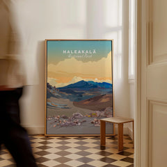 Haleakalā Volcano Poster, Maui Hawaii Travel Print, National Park Wall Art as a framed canvas leaning in a hallway with a chequered tiled floor