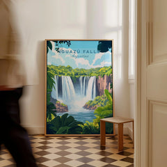 Iguazu Falls Travel Print as a framed canvas leaning in a hallway with a chequered tiled floor