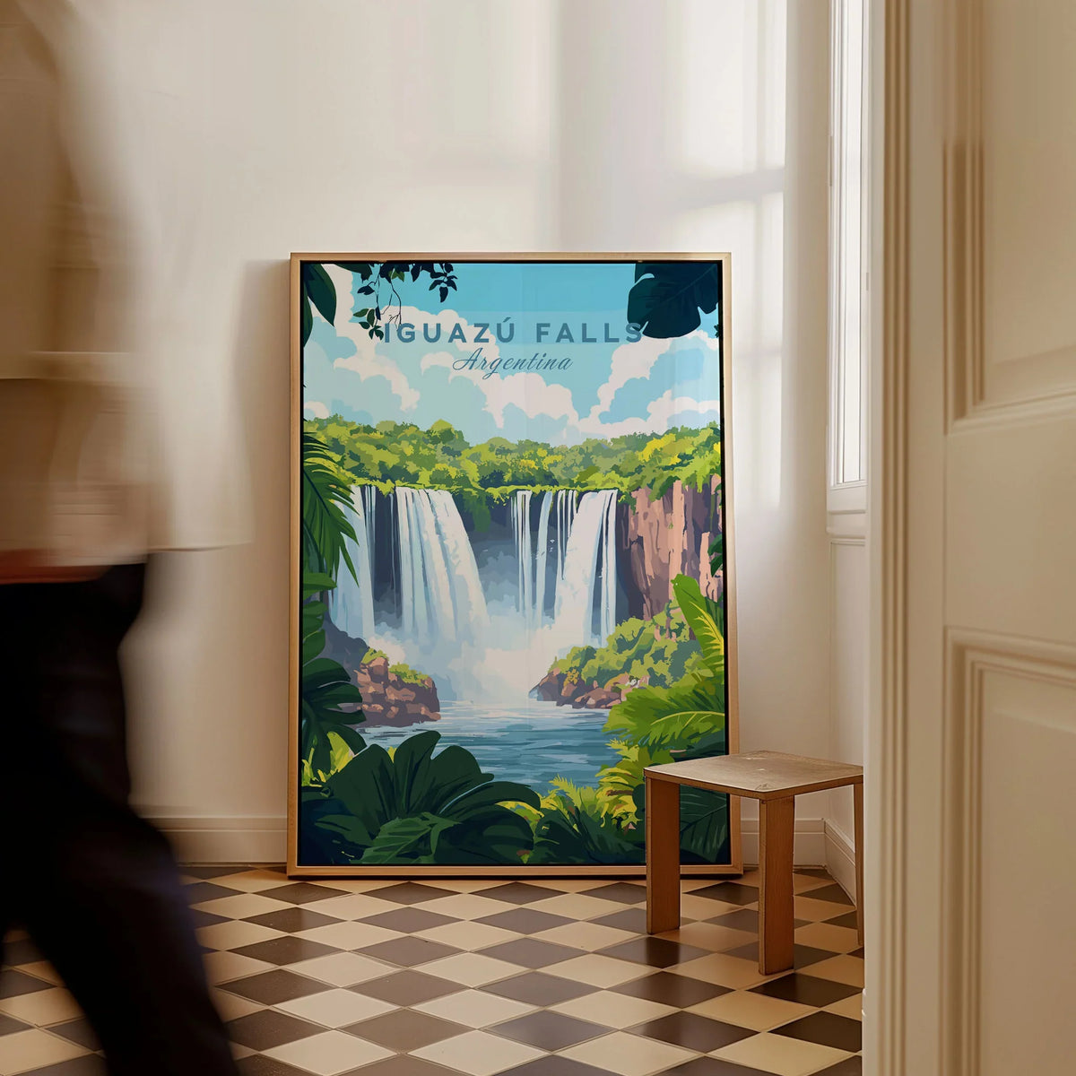 Iguazu Falls Travel Print as a framed canvas leaning in a hallway with a chequered tiled floor