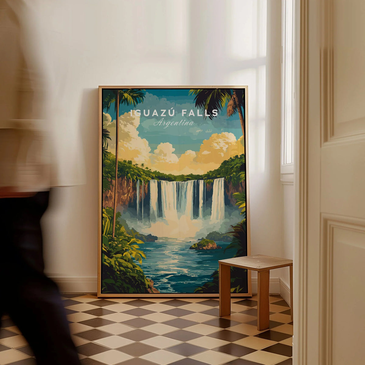 Iguazu Falls Wall Art as a framed canvas leaning in a hallway with a chequered tiled floor