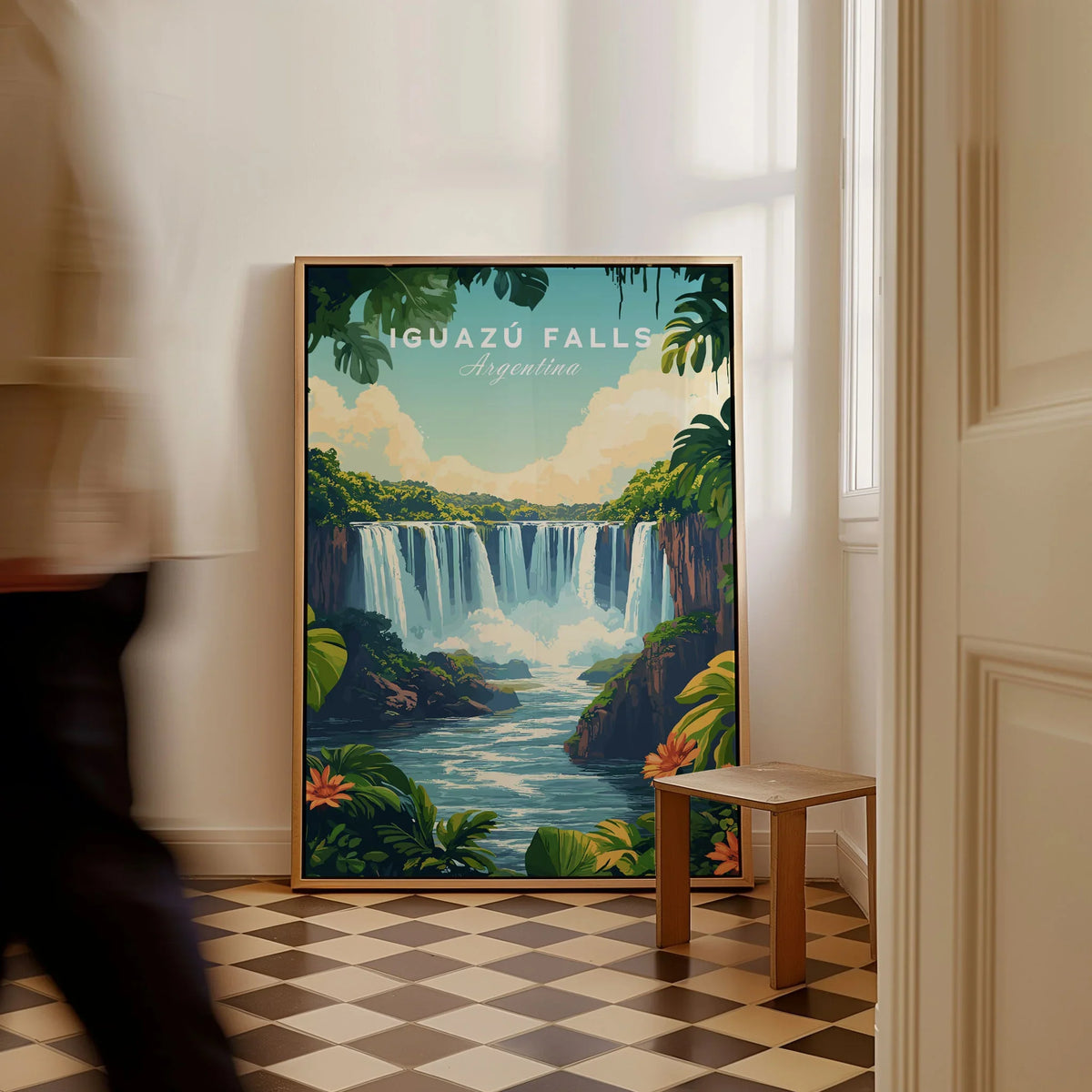 Iguazu Falls Print Argentina as a framed canvas leaning in a hallway with a chequered tiled floor