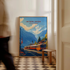 Interlaken Wall Art as a framed canvas leaning in a hallway with a chequered tiled floor