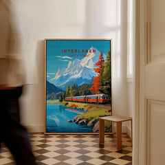 Interlaken Print Switzerland as a framed canvas leaning in a hallway with a chequered tiled floor