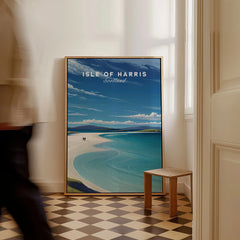 Isle of Harris Scotland Luskentyre Beach Print - White Sand Coastal Wall Art as a framed canvas leaning in a hallway with a chequered tiled floor
