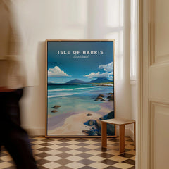 Isle of Harris Scotland Blue Sky Beach Print - Rocky Coastline Wall Art as a framed canvas leaning in a hallway with a chequered tiled floor