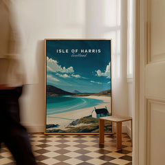 Isle of Harris Scotland Beach House Seascape Poster - Remote Scottish Isle Print as a framed canvas leaning in a hallway with a chequered tiled floor