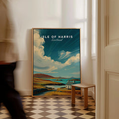 Isle of Harris Print Scotland Coastal Cottage Landscape - Rolling Hills Wall Art as a framed canvas leaning in a hallway with a chequered tiled floor