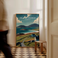 Isle of Harris Scotland Beach Print - Scenic Coastal Wall Art as a framed canvas leaning in a hallway with a chequered tiled floor