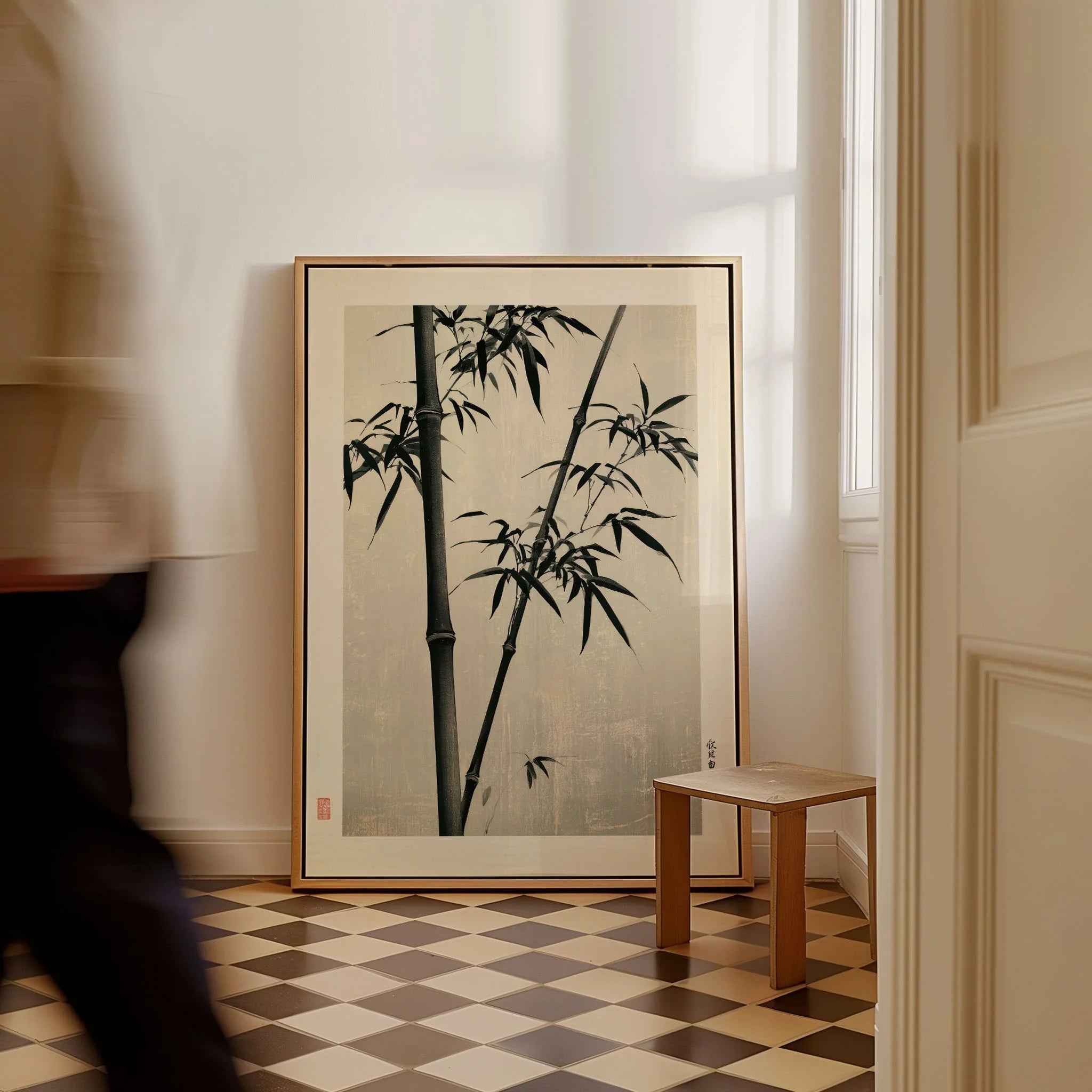 Black Bamboo Art Print – Japanese Ink Wall Art — framed canvas on floor man walking past