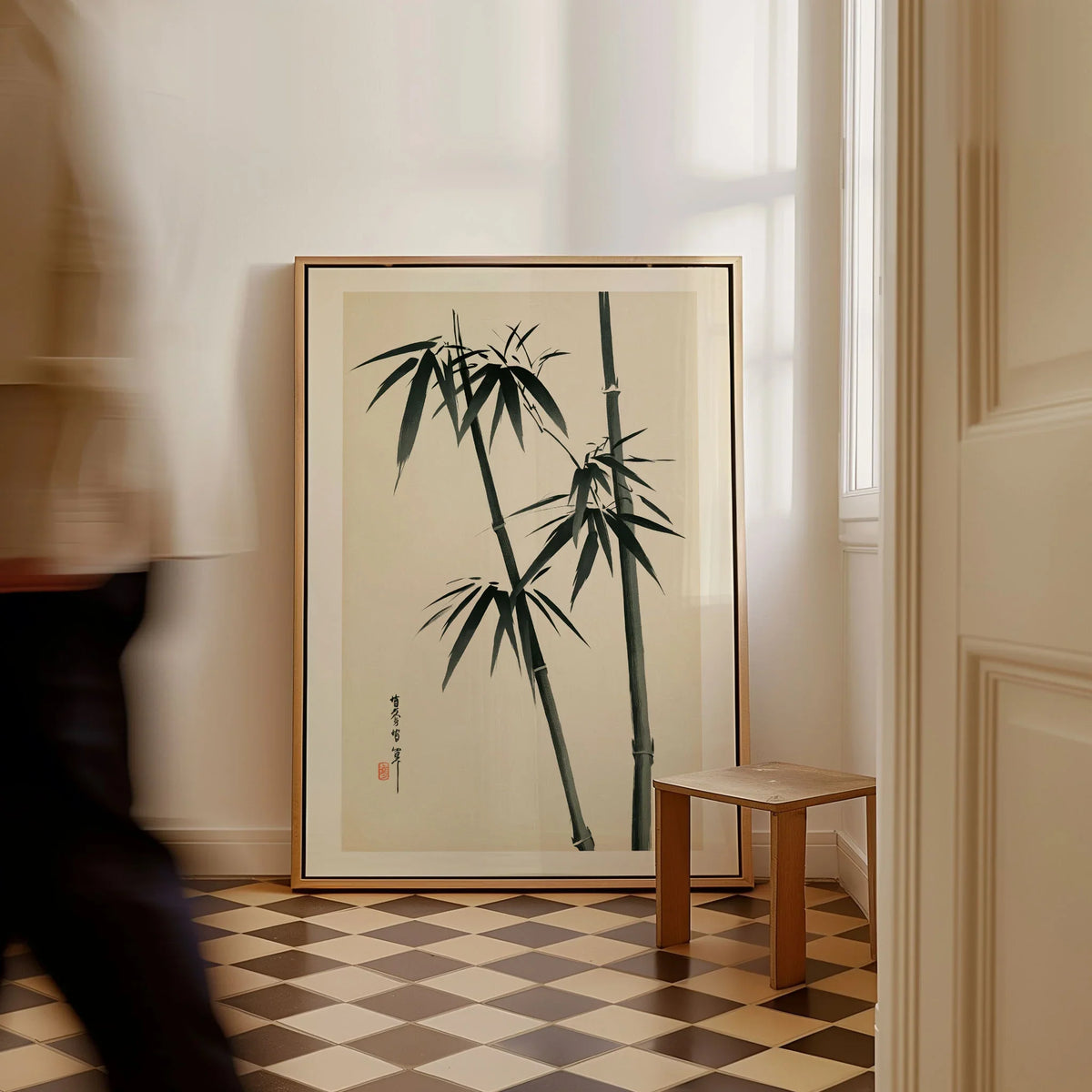 Bamboo Wall Art – Vintage Japanese Ink Print — framed canvas on floor man walking past