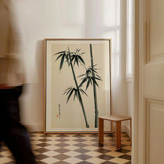 Bamboo Wall Art – Vintage Japanese Ink Print — framed canvas on floor man walking past