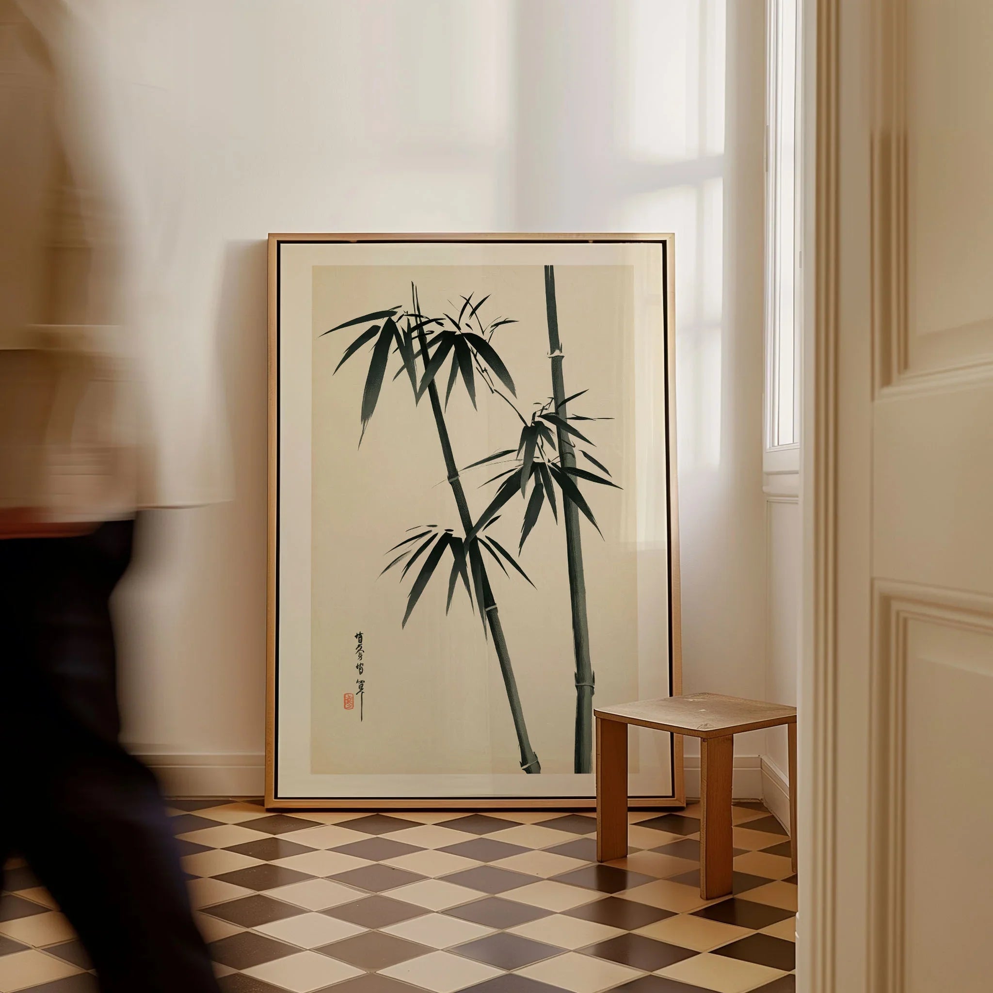 Bamboo Wall Art – Vintage Japanese Ink Print — framed canvas on floor man walking past