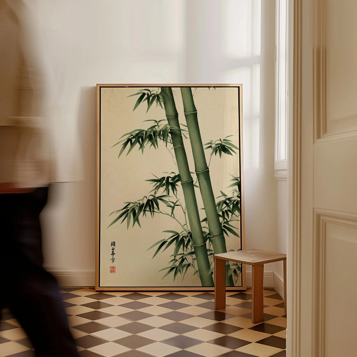 Bamboo Art Print – Green Japanese Botanical Wall Art — framed canvas on floor man walking past