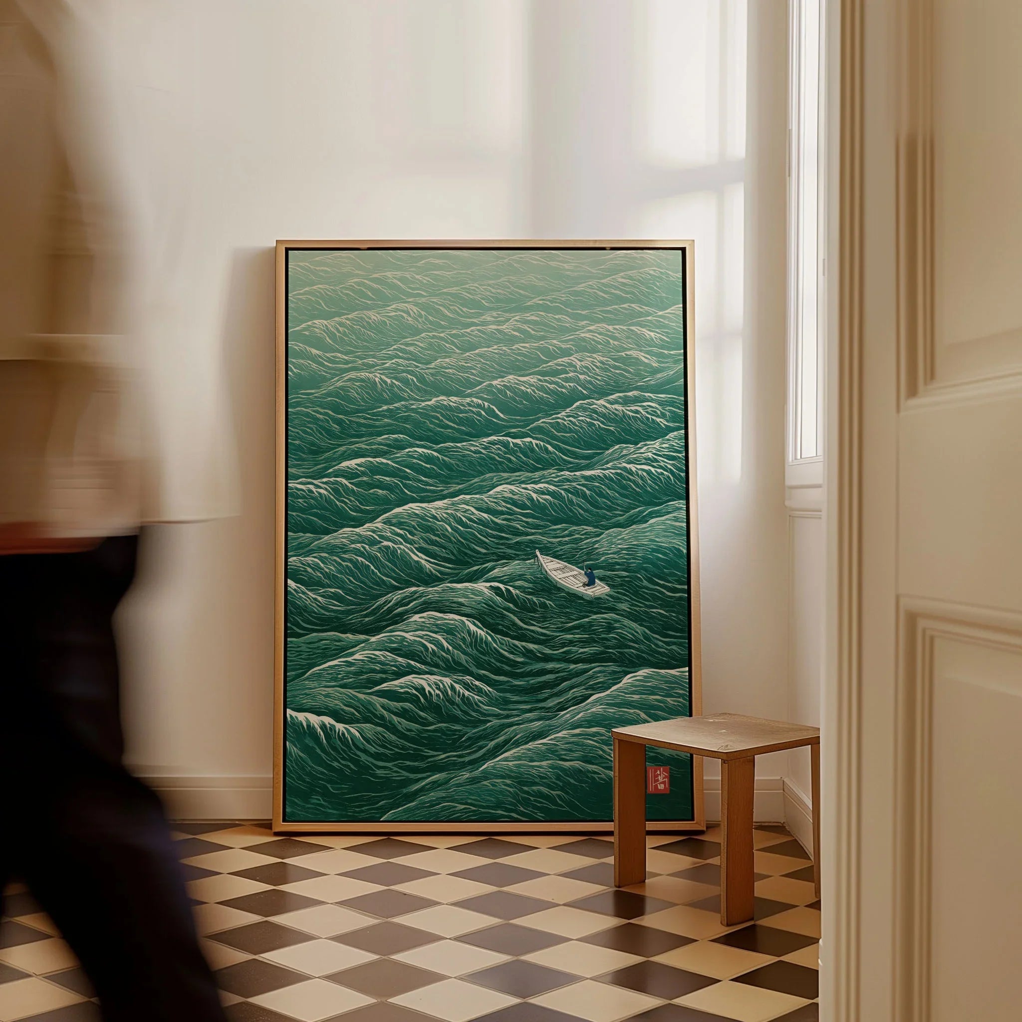 Lone Boat Art Print – Japanese Ocean Wall Art — framed canvas on floor man walking past