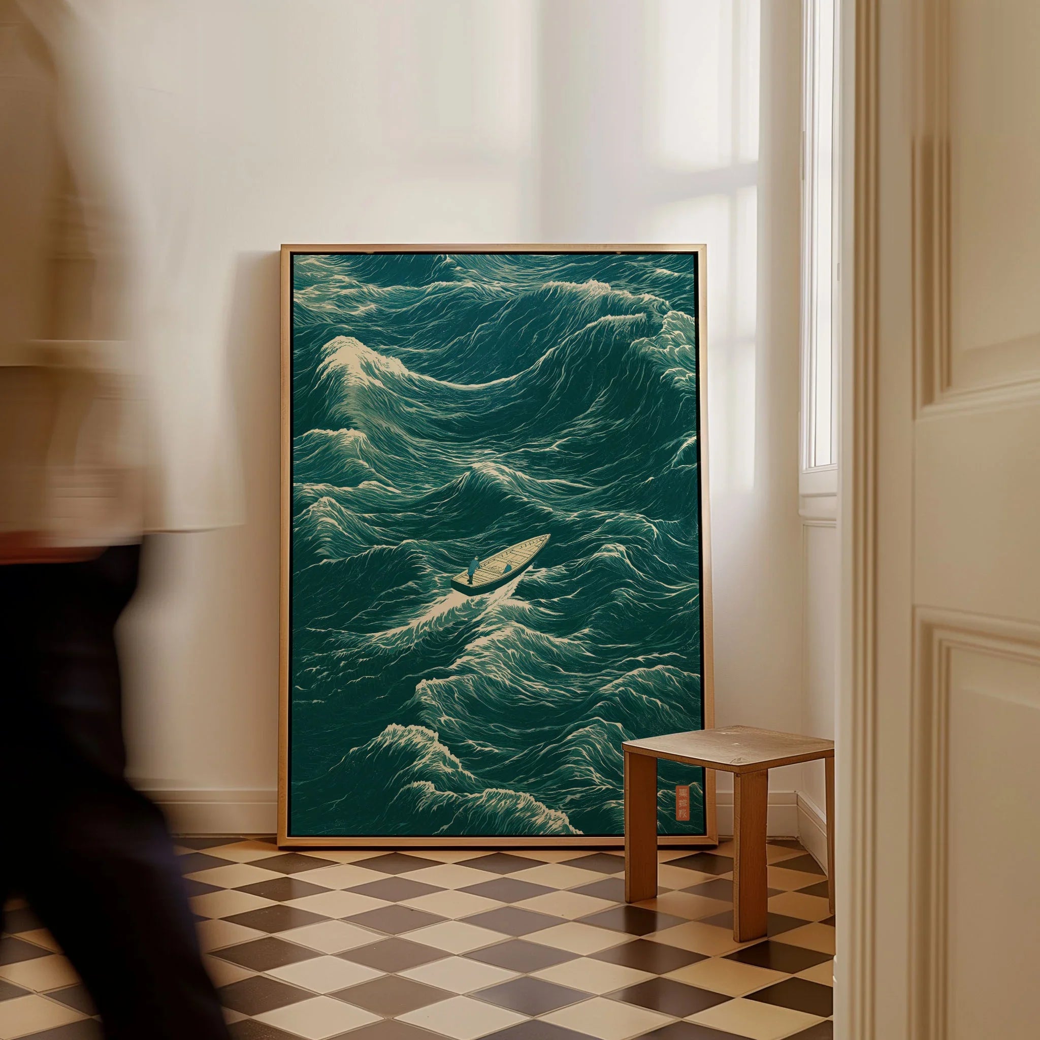 Fishing Boat Wall Art – Vintage Japanese Ocean Print — framed canvas on floor man walking past