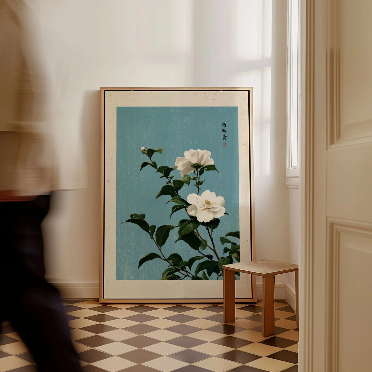 Camellia Wall Art – Blue Japanese Botanical Print — framed canvas on floor man walking past