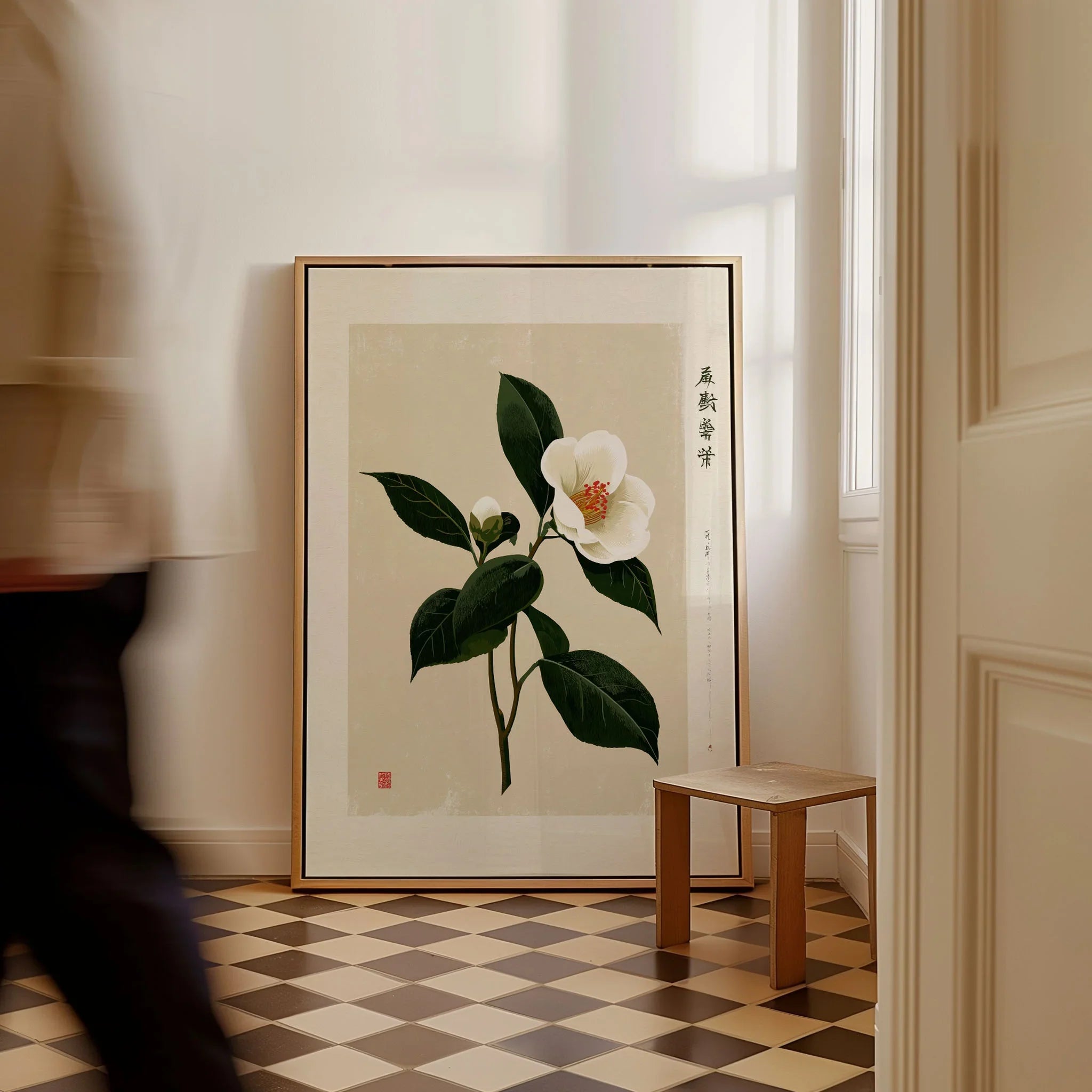 White Camellia Wall Art – Minimalist Japanese Botanical Print — framed canvas on floor man walking past