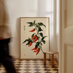Red Chilli Art Print – Japanese Botanical Kitchen Wall Art — framed canvas on floor man walking past