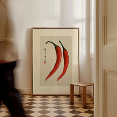 Chilli Pepper Wall Art – Minimalist Japanese Kitchen Print — framed canvas on floor man walking past