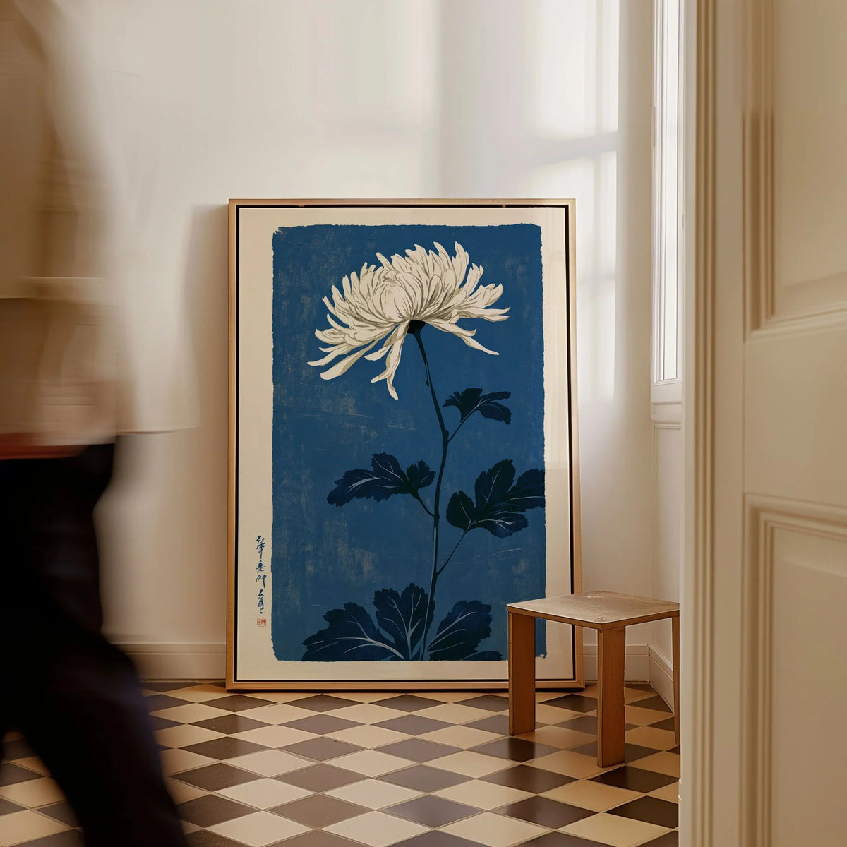 Chrysanthemum Art Print – Blue Japanese Botanical Wall Art — framed canvas on floor man walking past