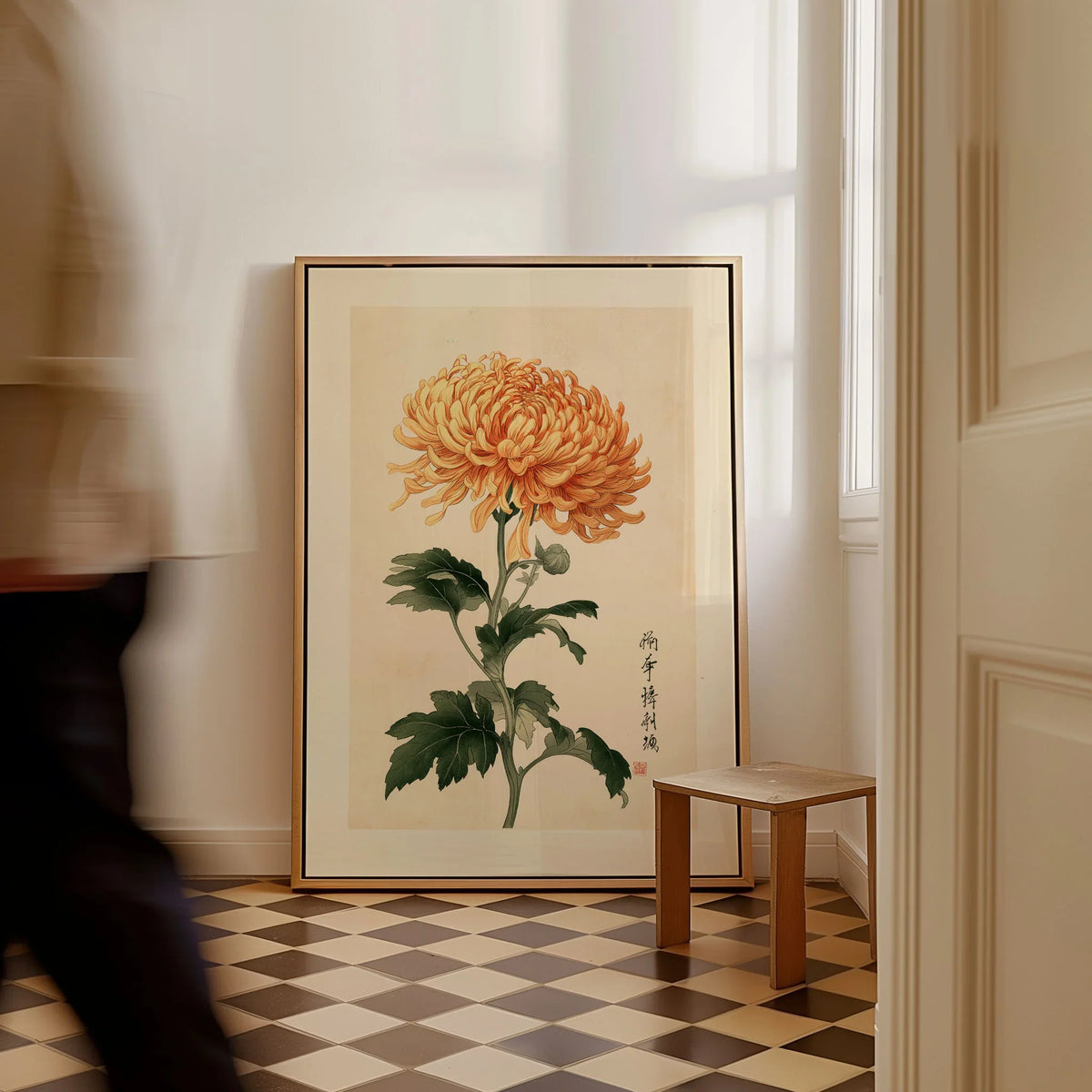 Orange Chrysanthemum Art Print – Vintage Japanese Wall Art — framed canvas on floor man walking past